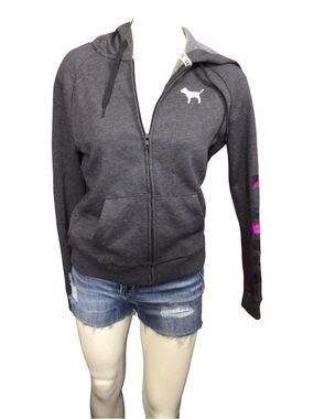 PINK Victoria's Secret Charcoal Zip Hoodie with Pink Sleeve Accents